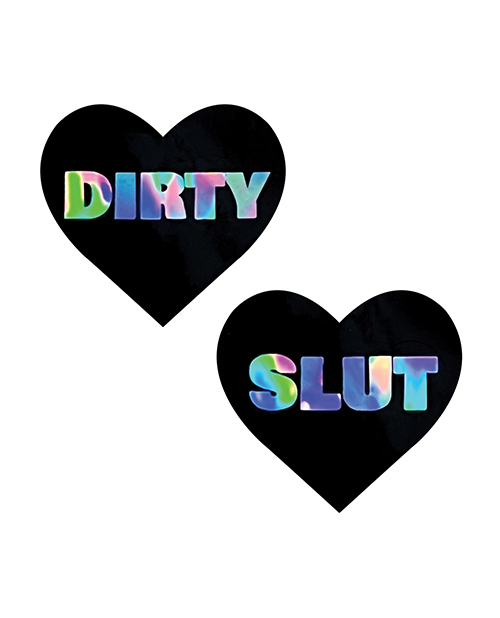 Thumbnail for Neva Nude Holographic Dirty Slut Heart Pasties - Black O/S
