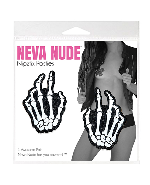 Thumbnail for Neva Nude Holographic Skeleton Hands Pasties - White/Black O/S