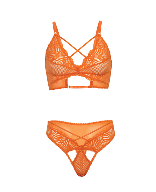 Thumbnail for Amina Scallop Lace &amp; Mesh Bralette w/Panty 2 pc Set - Dragon Fire Orange S/M
