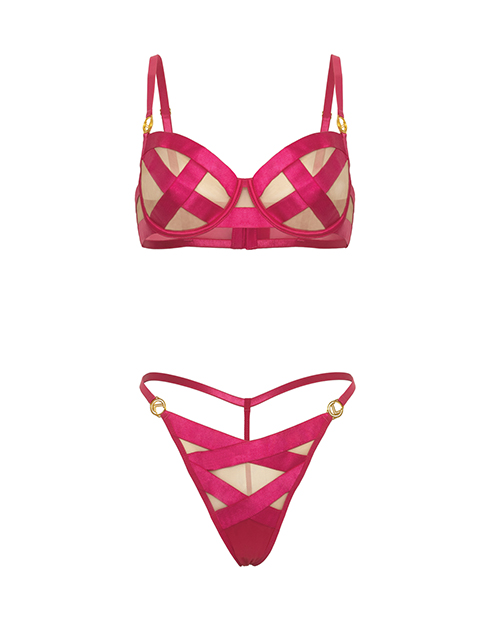 Thumbnail for Raelynn Satin Strappy Underwire Bra w/G-String 2 pc Set - Pink Yarrow SM
