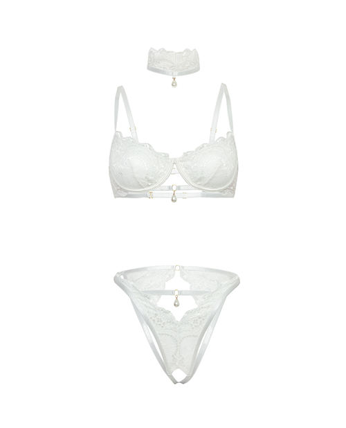Thumbnail for Pearla Lace Underwire Bra &amp; Open Back Panty w/Matching Collar 3 pc Set - White S/M