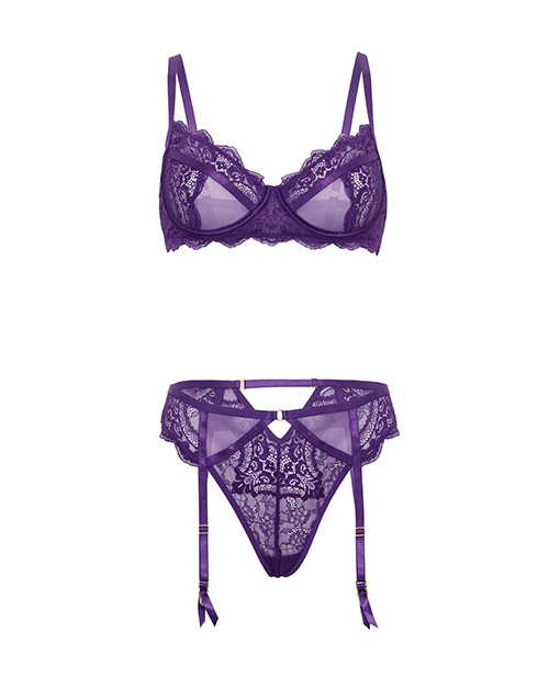 Thumbnail for Margo Lace &amp; Mesh Underwire Bra w/Gartered Panty 2 pc Set - Imperial Purple L/XL