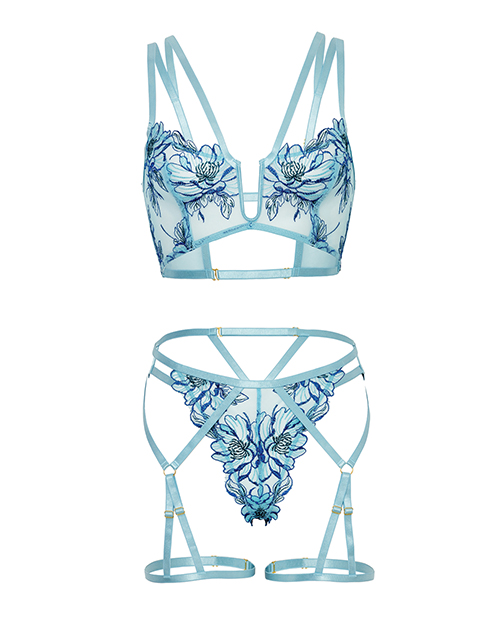Thumbnail for Emilia Floral Embroidered 2 pc Set w/Strapping Details &amp; Attached Double Garter - Blue MD