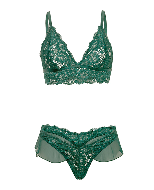 Thumbnail for Alessia Soft Cup Lace &amp; Mesh 2 pc Set w/Ruffle Details - Green MD