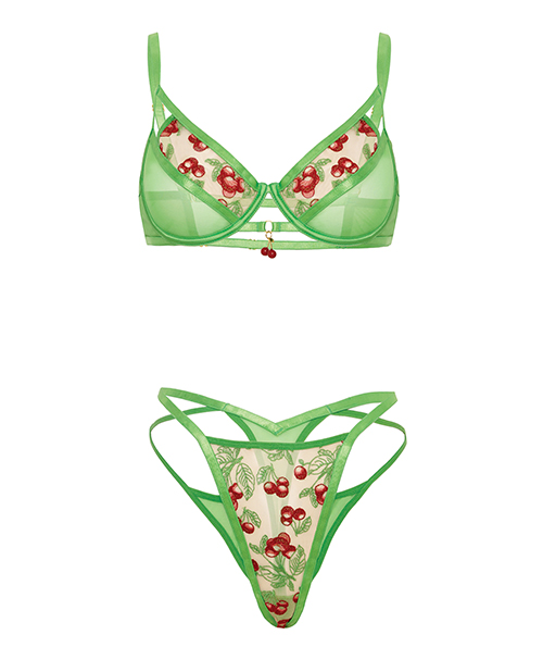 Thumbnail for Cheri Underwire Embroidered 2 pc Set w/Cherry Charm Details - Neon Green XL