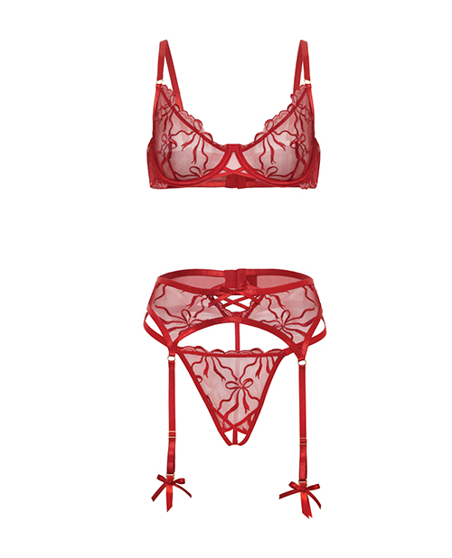 Thumbnail for Mariah Embroidered Lace and Mesh Underwire Bra w/Garter &amp; G-String 3 pc Set - Burgundy XL