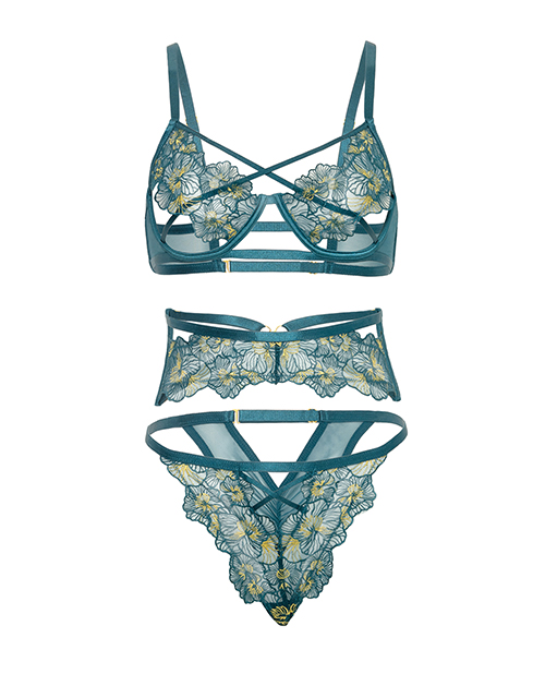 Thumbnail for Daphne Lace Underwire 3 pc Set w/Embroidered Trim &amp; Crossing Elastics - Blue MD