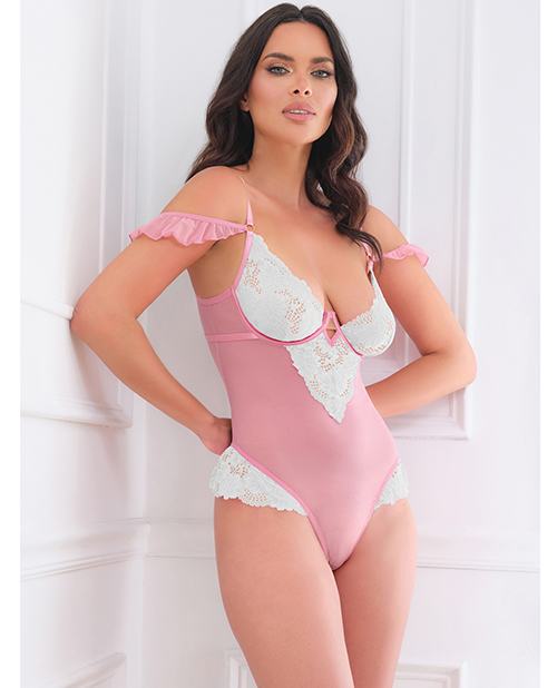 Thumbnail for Cassandra Lace &amp; Mesh Teddy w/Ruffle Details - Pink &amp; White SM