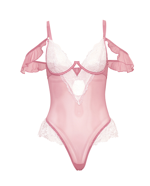 Thumbnail for Cassandra Lace &amp; Mesh Teddy w/Ruffle Details - Pink &amp; White SM