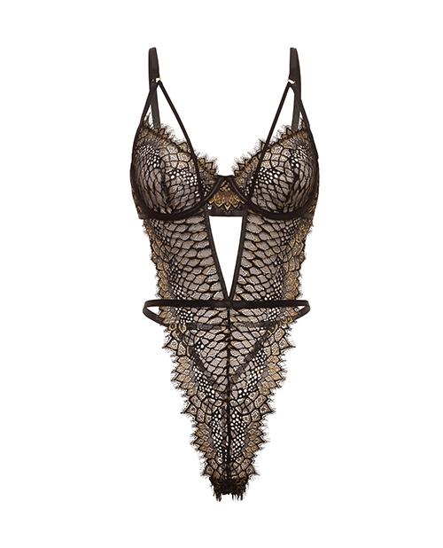 Thumbnail for Greta Snake Eyelash Lace Teddy - Black/Gold XL