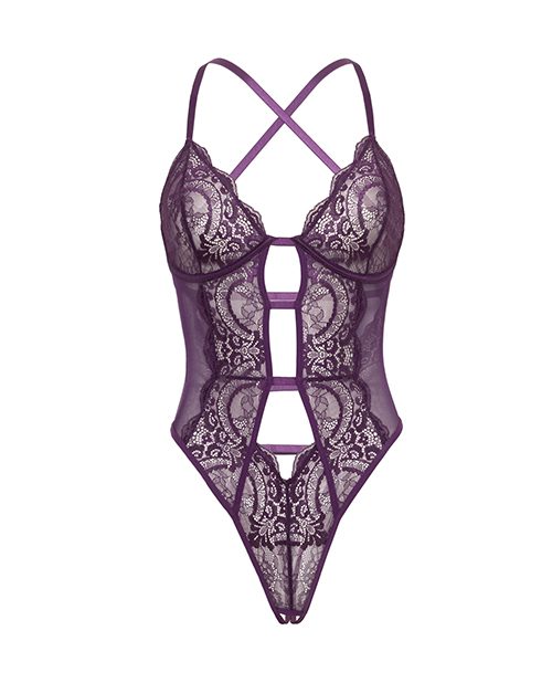 Thumbnail for Carmen Lace &amp; Mesh Underwire Crotchless Teddy - Imperial Purple S/M