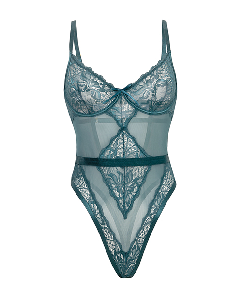 Thumbnail for Paisley Lace &amp; Mesh Teddy w/Bow Details - Turquoise 1X/2X