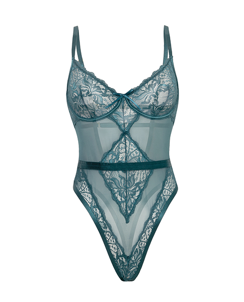 Thumbnail for Paisley Lace &amp; Mesh Teddy w/Bow Details - Turquoise S/M