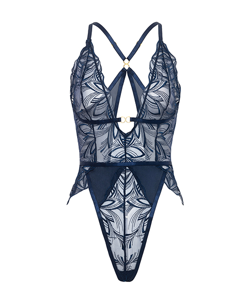 Thumbnail for Davina V-Plunge Embroidered Teddy w/Double Ring Charm - Navy SM