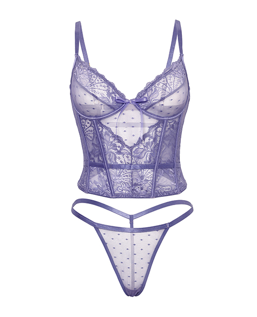 Thumbnail for Vanessa Lace &amp; Mesh Bustier w/G-String - Purple 1X/2X