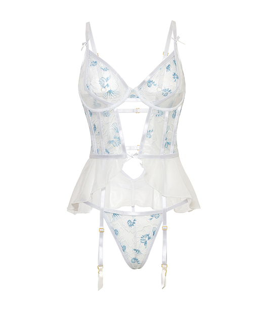 Thumbnail for Elena Floral Embroidered Bustier w/Ruffles &amp; Matching Panty - White SM