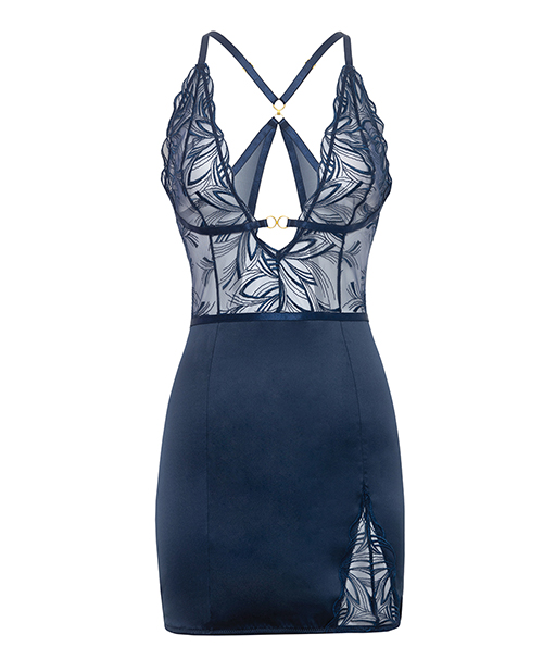Thumbnail for Davina V-Plunge Embroidered Babydoll w/Double Ring Charm - Navy XL