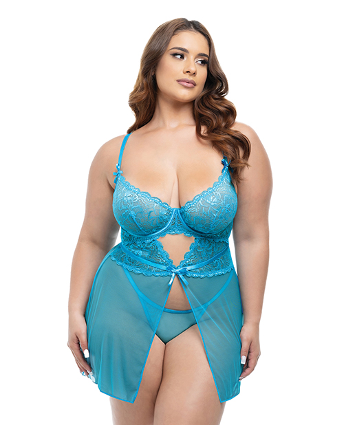Emma Floral Lace &amp; Mesh Underwire Babydoll w/G-String 2 pc Set - Beach Blue 1X