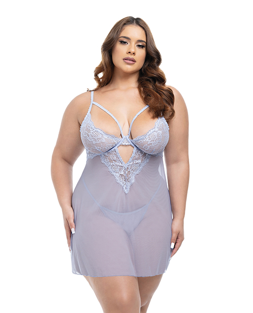 Elsie Lace &amp; Mesh Underwire Babydoll w/G-String 2 pc Set - Brunnera Blue 1X/2X