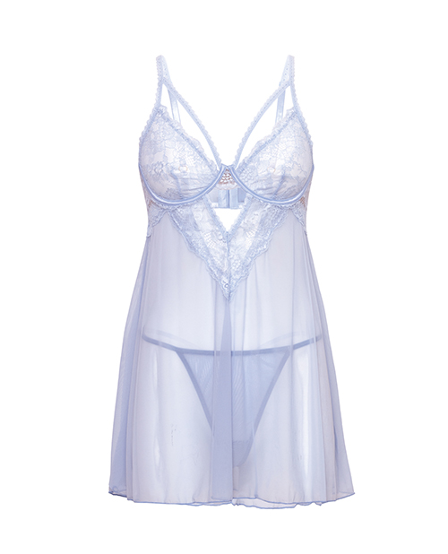Thumbnail for Elsie Lace &amp; Mesh Underwire Babydoll w/G-String 2 pc Set - Brunnera Blue 1X/2X