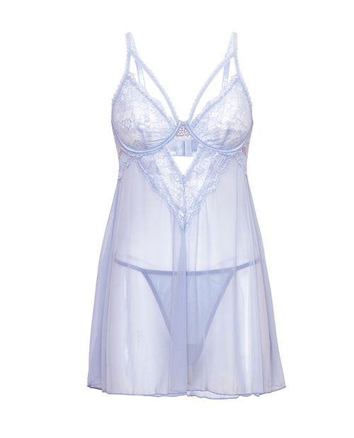 Thumbnail for Elsie Lace &amp; Mesh Underwire Babydoll w/G-String 2 pc Set - Brunnera Blue L/XL