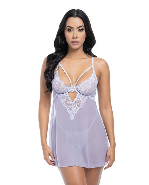 Elsie Lace &amp; Mesh Underwire Babydoll w/G-String 2 pc Set - Brunnera Blue S/M