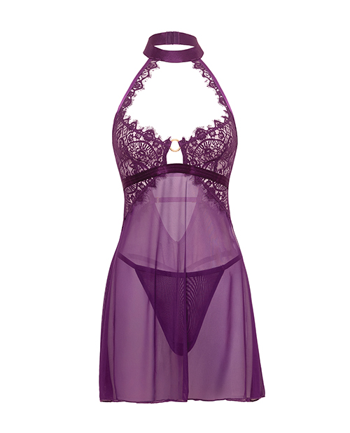 Thumbnail for Kennedy Lace and Mesh Babydoll w/G-String 2 pc Set - Purple LG