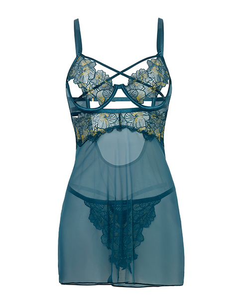 Thumbnail for Daphne Lace &amp; Mesh Babydoll w/Embroidered Details &amp; Crossing Elastics - Blue LG