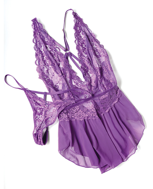 Thumbnail for Harmony V-Plunge Lace &amp; Mesh Babydoll w/G-String - Purple 1X/2X