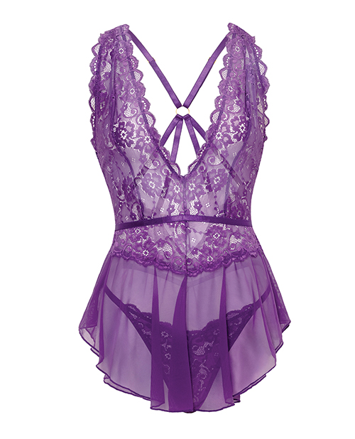 Thumbnail for Harmony V-Plunge Lace &amp; Mesh Babydoll w/G-String - Purple S/M