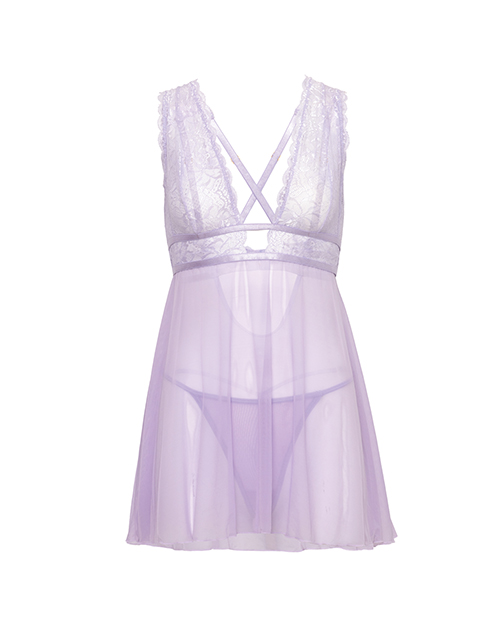 Thumbnail for Stassi Lace &amp; Mesh Babydoll w/G-String 2 pc Set - Lavender 1X/2X