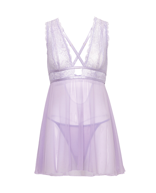 Thumbnail for Stassi Lace &amp; Mesh Babydoll w/G-String 2 pc Set - Lavender S/M