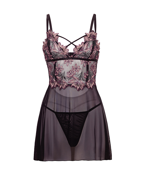 Thumbnail for Adela Embroidered Boned Lace and Mesh Babydoll w/G-String 2 pc Set - Black/Pink 1X