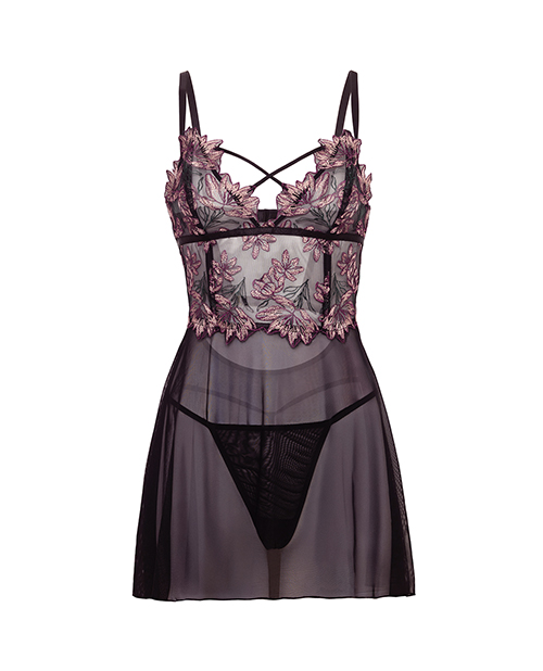 Thumbnail for Adela Embroidered Boned Lace and Mesh Babydoll w/G-String 2 pc Set - Black/Pink MD