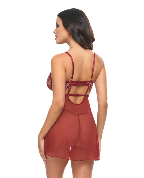 Thumbnail for Arielle Unlined Underwire Lace Babydoll w/G-String - Burgundy S/M