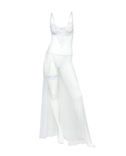 Thumbnail for Livia Dot Mesh & Lace Underwire Gown & Garter 2 pc Set - White 1X/2X