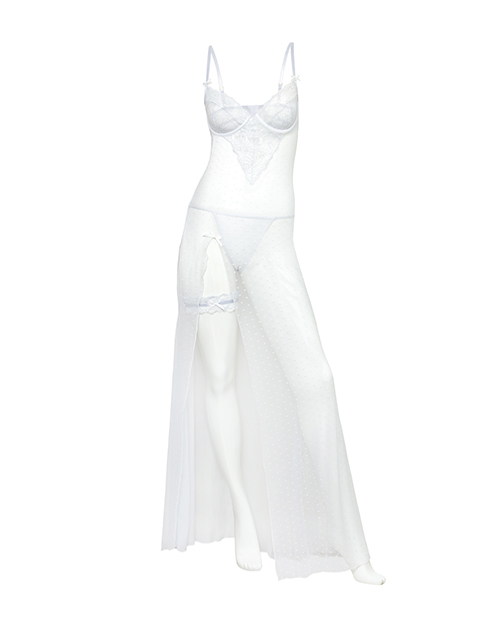 Thumbnail for Livia Dot Mesh &amp; Lace Underwire Gown &amp; Garter 2 pc Set - White S/M