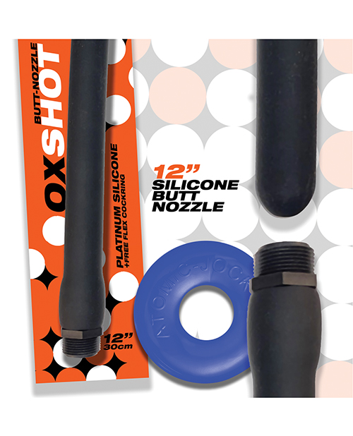 Thumbnail for Oxballs Oxshot 12&quot; Silicone Butt Nozzle w/Flex Cockring - Black/Blue