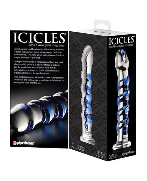 Thumbnail for Icicles No. 5 Hand Blown Glass Massager - Clear w/Blue Swirls