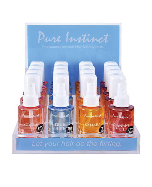 Pure Instinct Pheromone Hair &amp; Body Mist Bundle w/Testers and Acrylic Display - 21 pcs