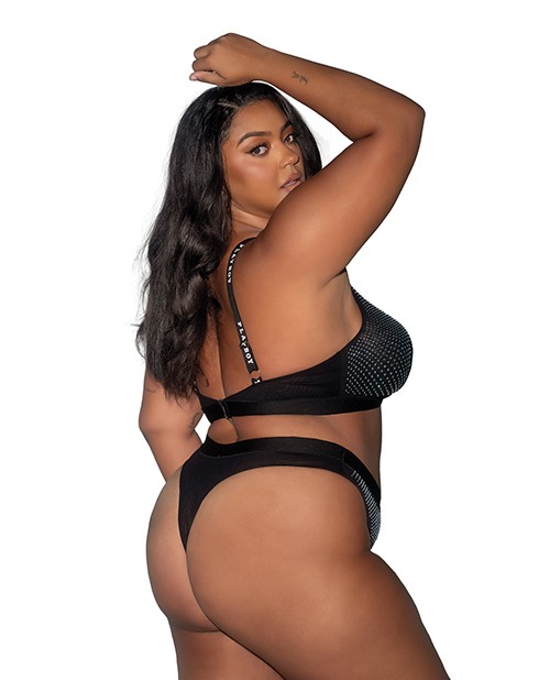 Thumbnail for Playboy Disco Fever Rhinestone Bralette w/Thong 2 pc Set - Black 1X