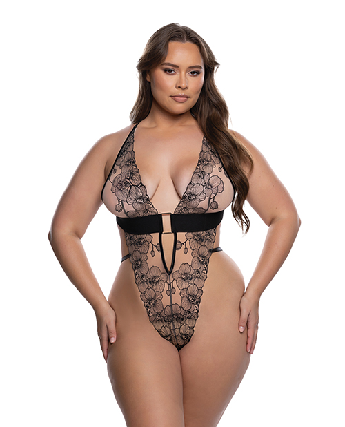 Thumbnail for Orchid Blossom Embroidered Teddy - Black/Nude 1X