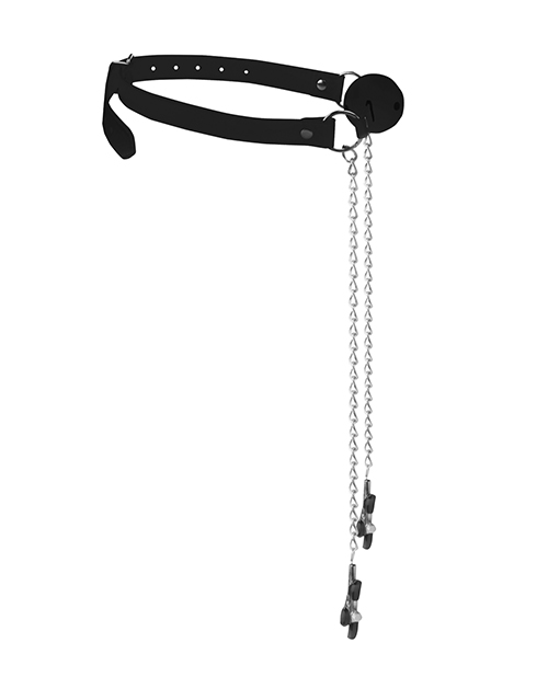 Thumbnail for Shots Ouch Black &amp; White Breathable Ball Gag w/Nipple Clamps - Black