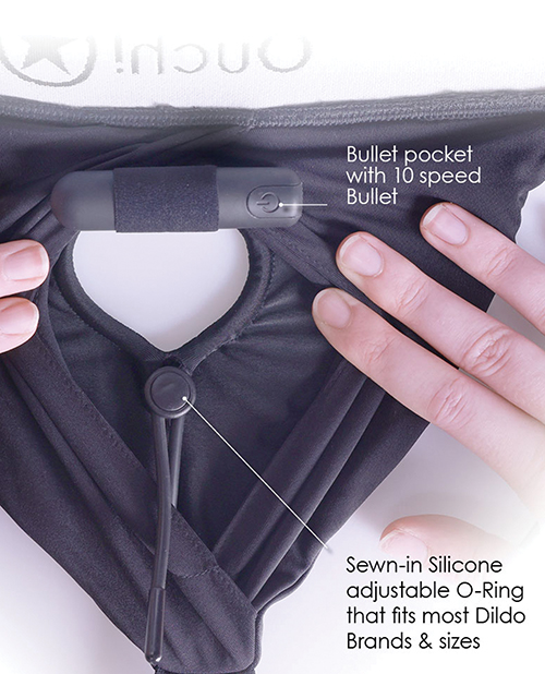 Thumbnail for Shots Ouch Vibrating Strap On Panty Harness w/Open Back - Black M/L