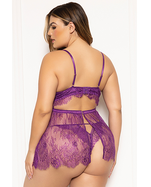 Thumbnail for Floral Eyelash Lace Underwire Babydoll w/Thong 2 pc Set - Purple 3X/4X