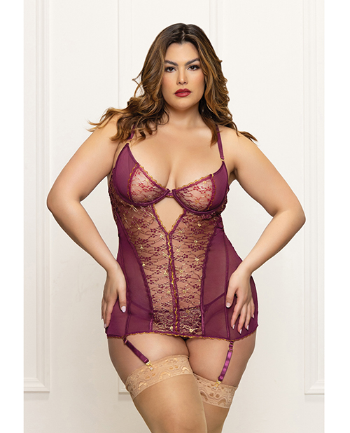 Metallic Lace with Mesh Gartered Chemise &amp; Thong - Plum 1X/2X