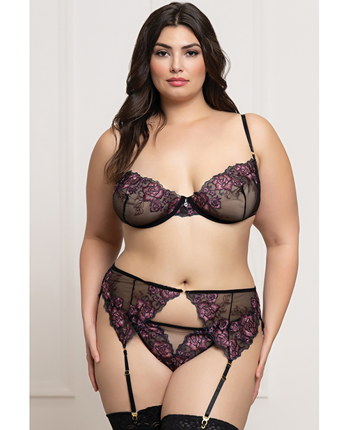 Floral Lace and Mesh Underwire Bra w/Garter &amp; Thong 3 pc Set - Black/Purple 1X/2X