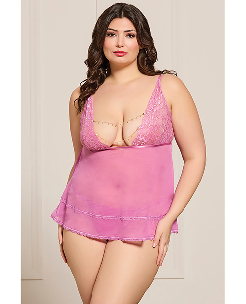 Lace and Mesh Babydoll w/Thong &amp; Rhinestone Detail - Pink QN