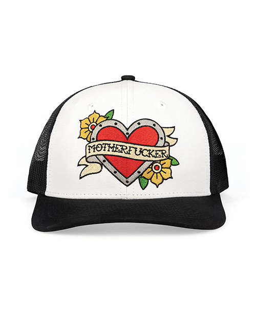 Thumbnail for Wood Rocket Tattoo Heart Mother Fucker Trucker Hat - Black/White