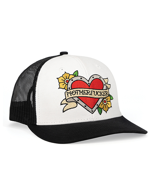 Thumbnail for Wood Rocket Tattoo Heart Mother Fucker Trucker Hat - Black/White